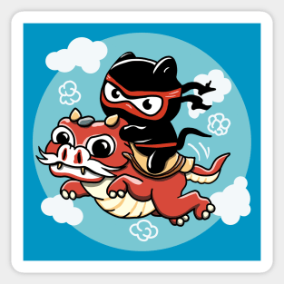 Kawaii Ninja Cat Riding a Red Dragon Sticker